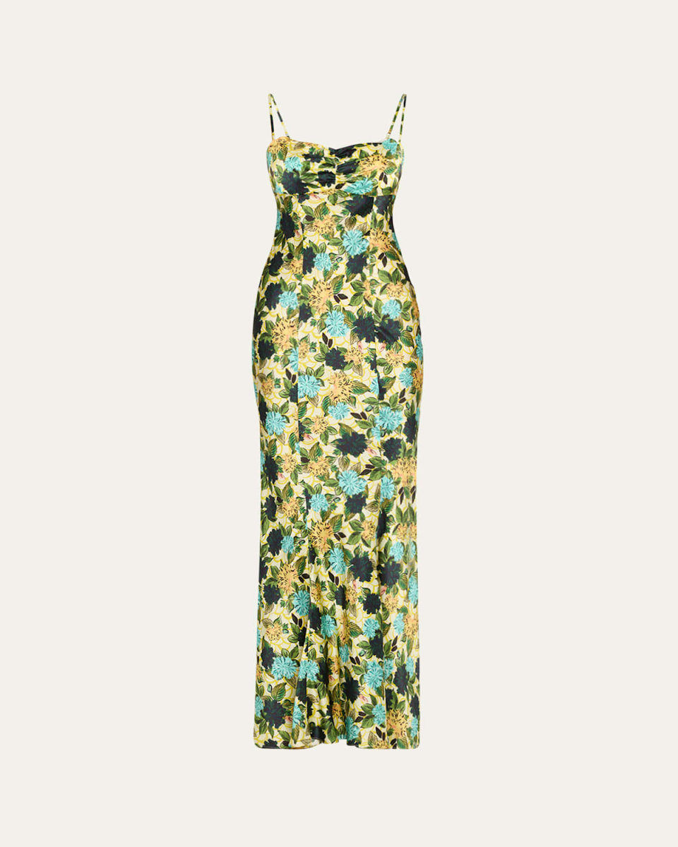 Renee Long Floral Silk Spaghetti-Strap Dress